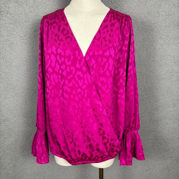 Inc Women's 1X (Plus) Pink Animal Print Wrap Top Blouse With Ruffle Cuffs NWT's. - Picture 1 of 11